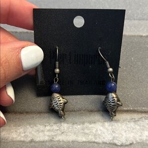 Pier 1 Silver Fish Earrings with Blue Beads